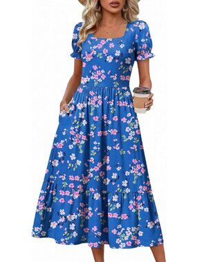 Zeagoo Women's Floral  Printed Flowy Casual Short Sleeve Tiered Midi Maxi Dress